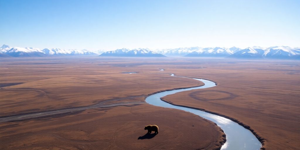 A helicopter flies over the vast Alaskan wilderness with wildlife.