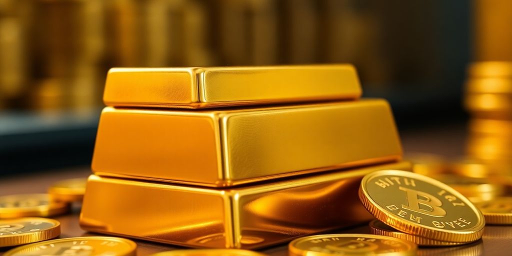 Barras e moedas de ouro brilhantes empilhadas sobre uma superfície escura.