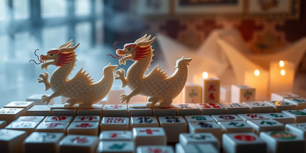 Mahjong dragon tiles with mystical glow