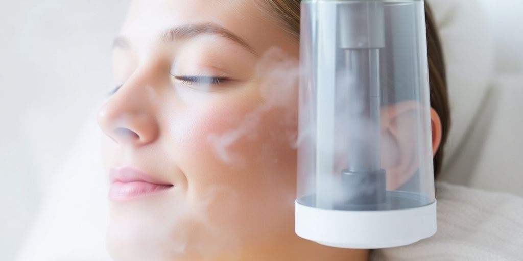 Woman with glowing skin enjoying facial steam.