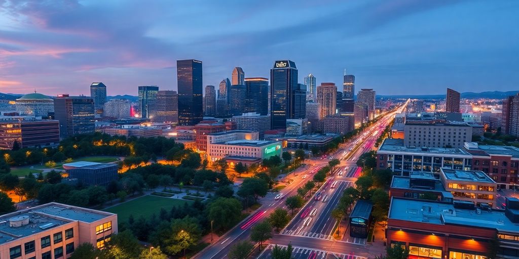 Aerial view of Denver's skyline with modern architecture.