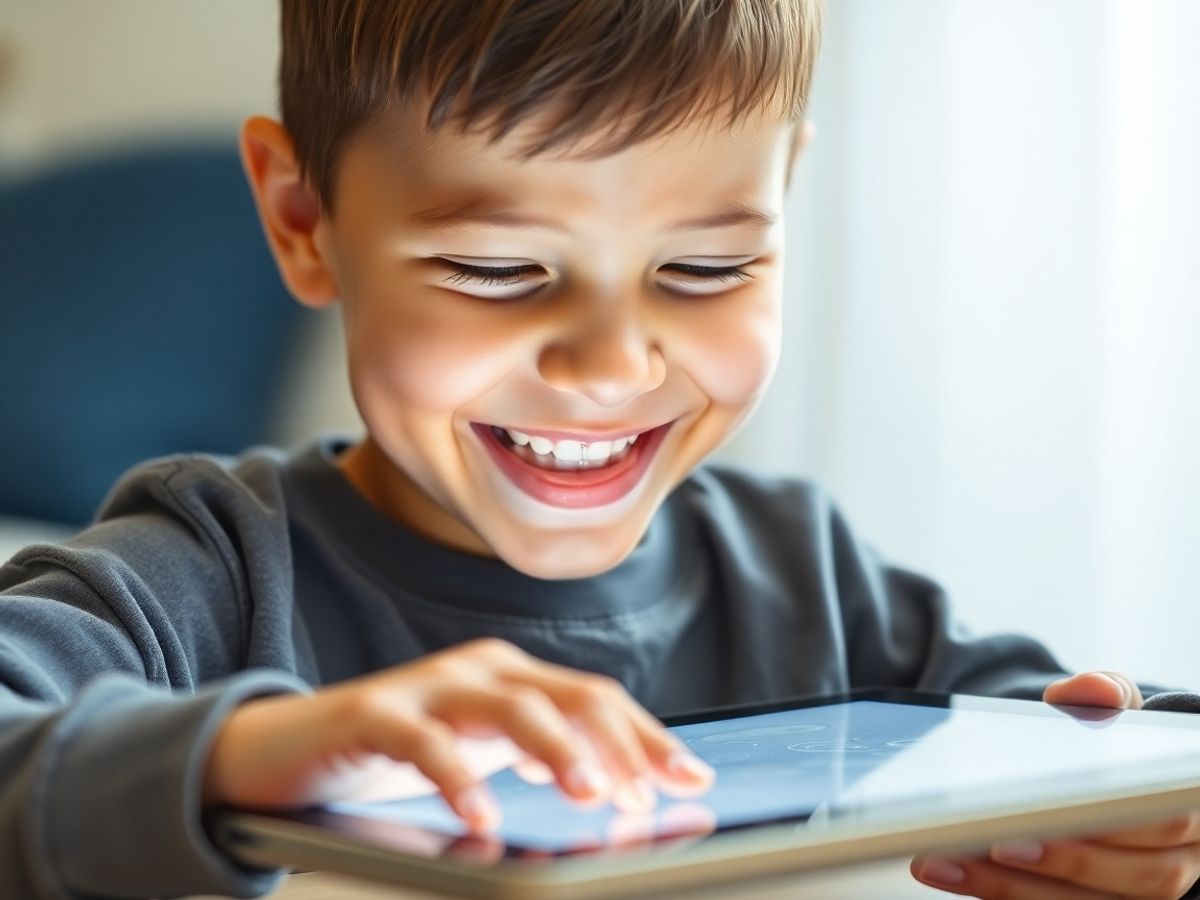 Copil, tabletă, desen, zâmbet, creativitate