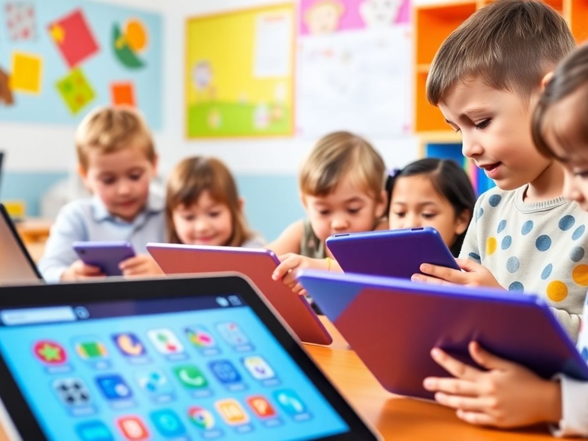 Copii folosind dispozitive învățând interactiv.