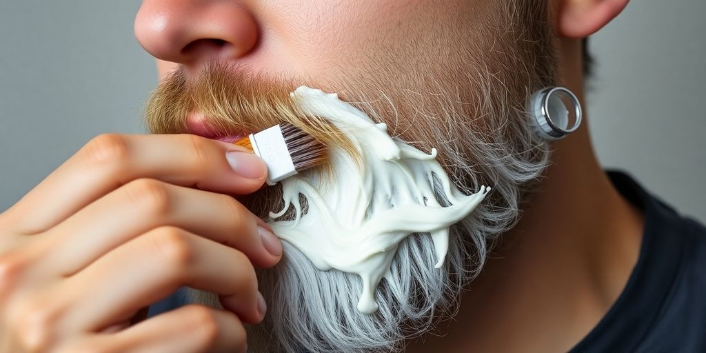 Man applying white dye to his beard in photo.