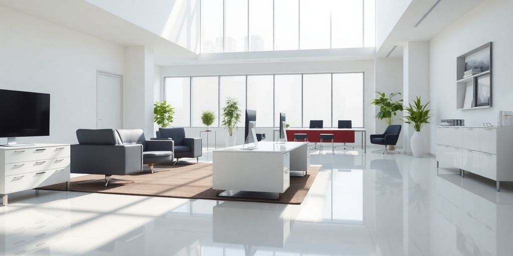 Sparkling clean office interior with polished floors.