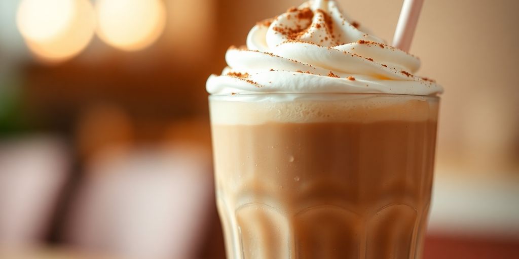 Iced coffee drink with whipped cream.