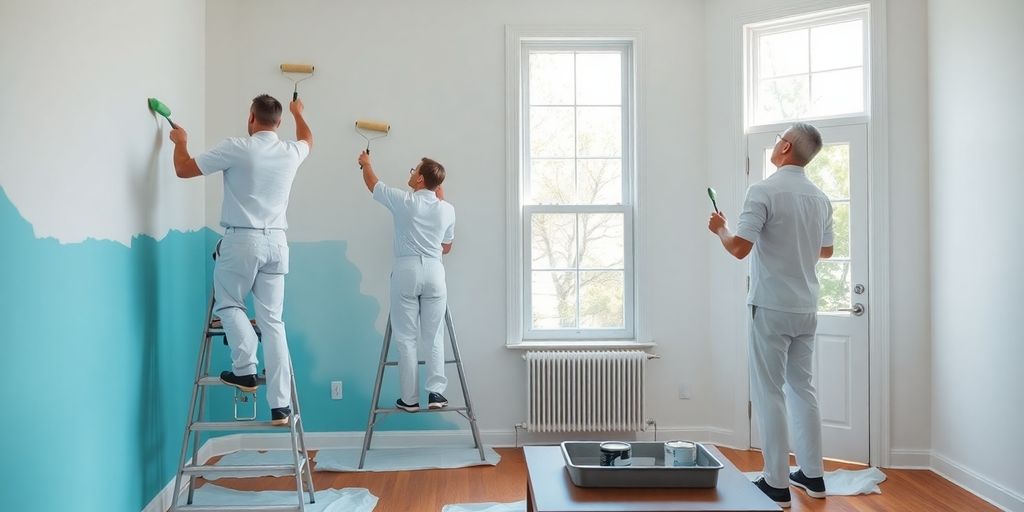 Painter on ladder applying blue paint to smooth interior wall