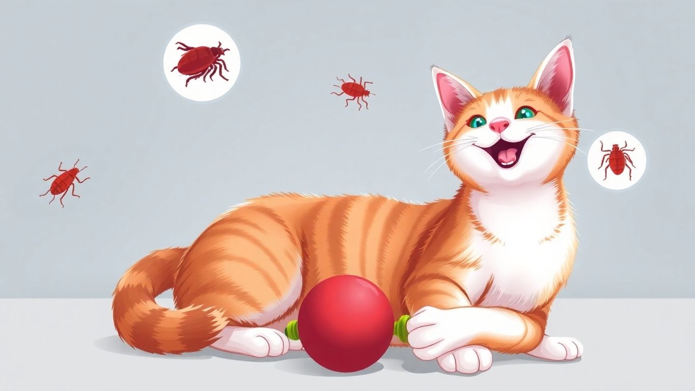 Illustration of a cat with fleas and ticks around it.