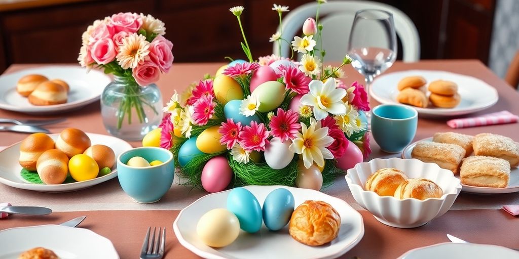 Osterbrunch-Tisch mit bunten Eiern und frischen Blumen.