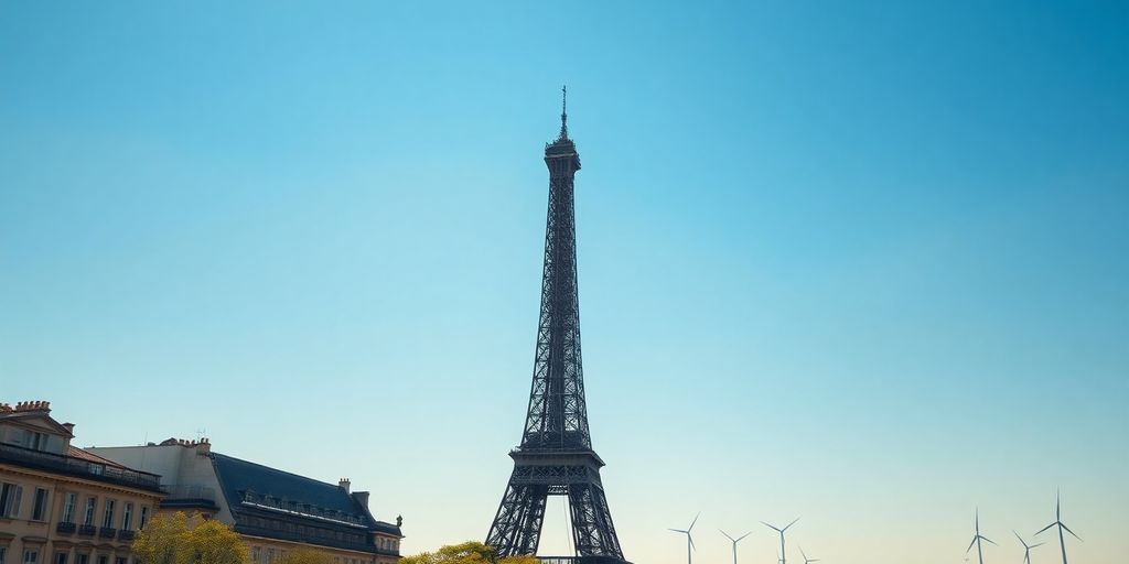 Ciel parisien clair avec des éoliennes au loin.