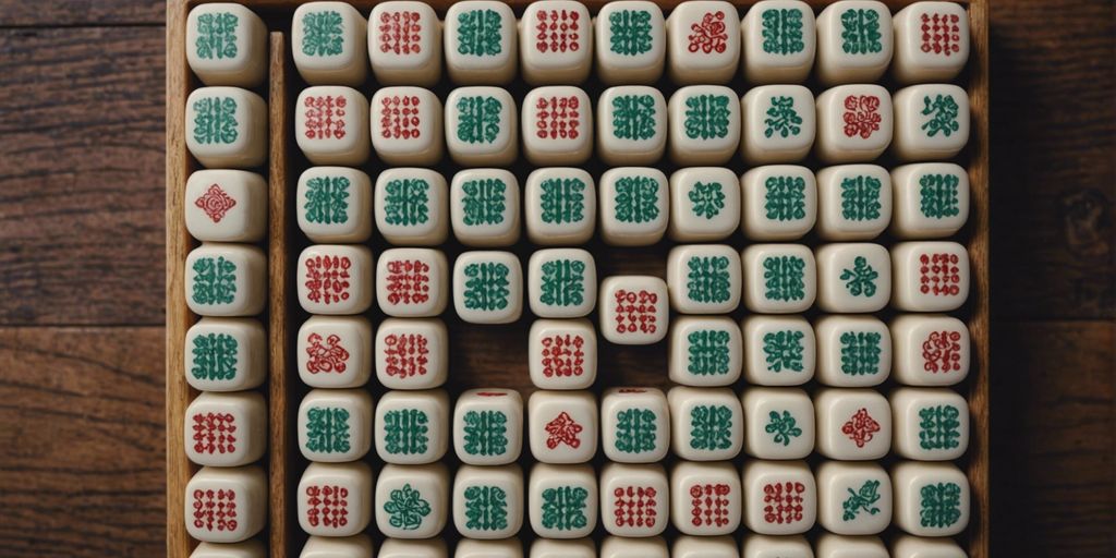 Top-down view of a standard Mahjong set with various tiles arranged neatly on a wooden table.