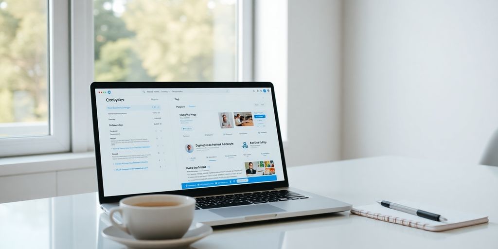 Modern workspace with laptop and coffee cup.