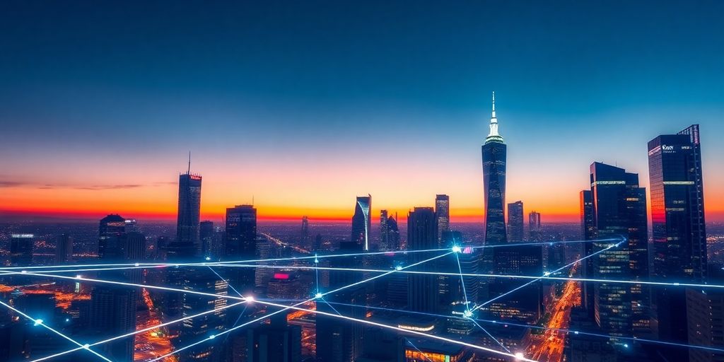 Digital network connecting city skyscrapers at dusk.