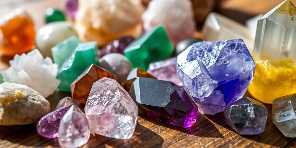 Cristalli colorati su un tavolo di legno