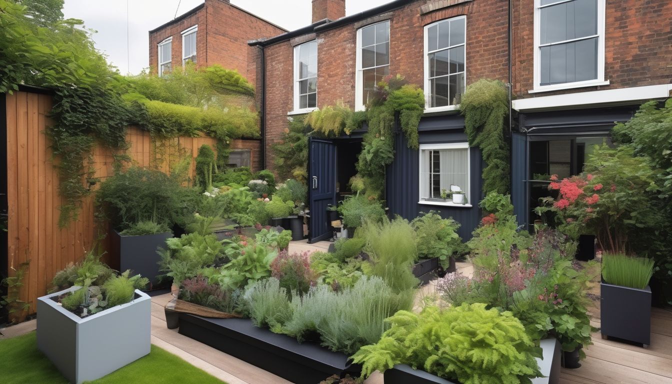 urban UK garden with container plants