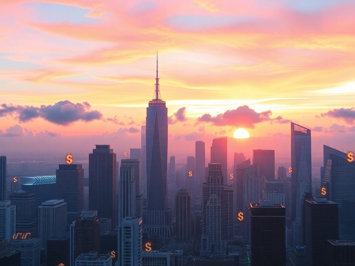 Futuristic city skyline with digital currency elements.