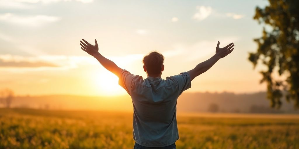Person in field with raised arms during sunrise.