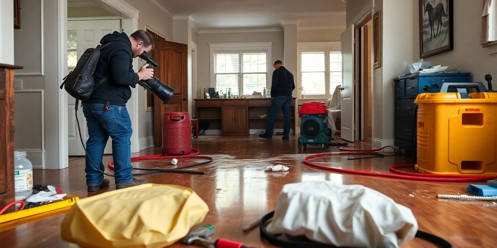 Workers restoring a home after water damage incident.
