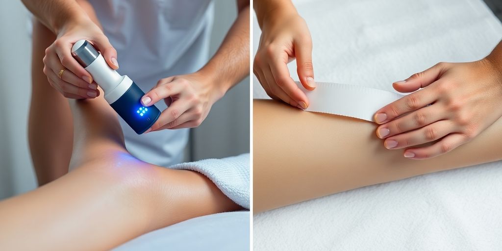 Split image: laser hair removal on one leg, waxing other.