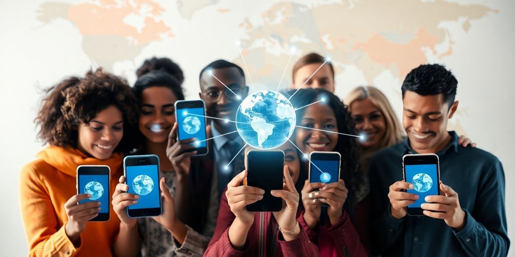 Diverse people connecting globally.