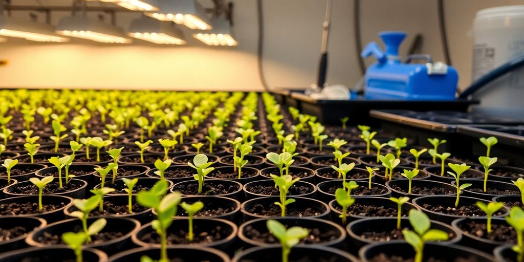 Seedlings thriving under grow lights.