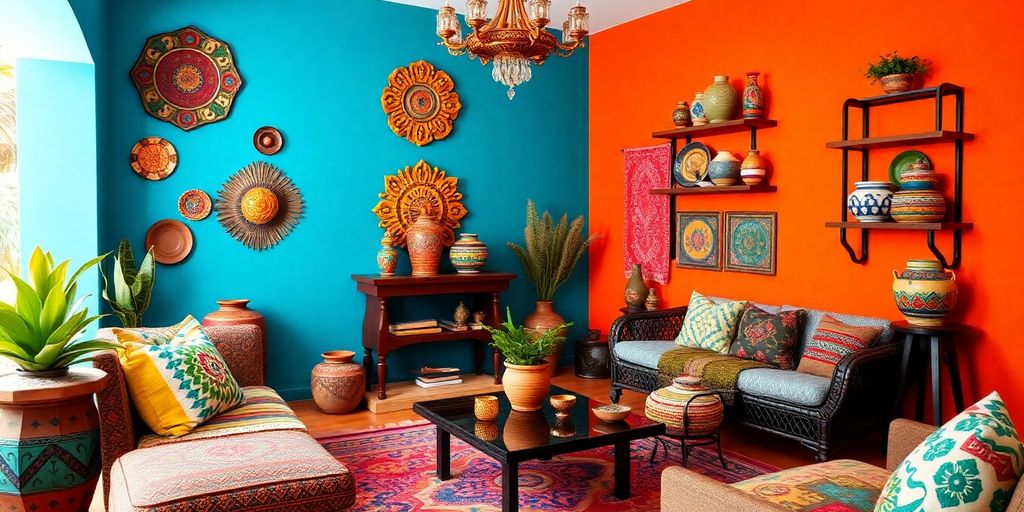 Vibrant modern Mexican decor with colorful textiles and pottery.