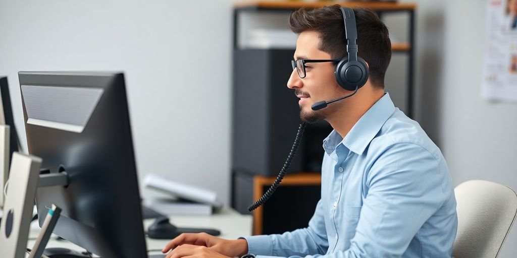 Técnico de soporte IT ayudando a un cliente por teléfono.