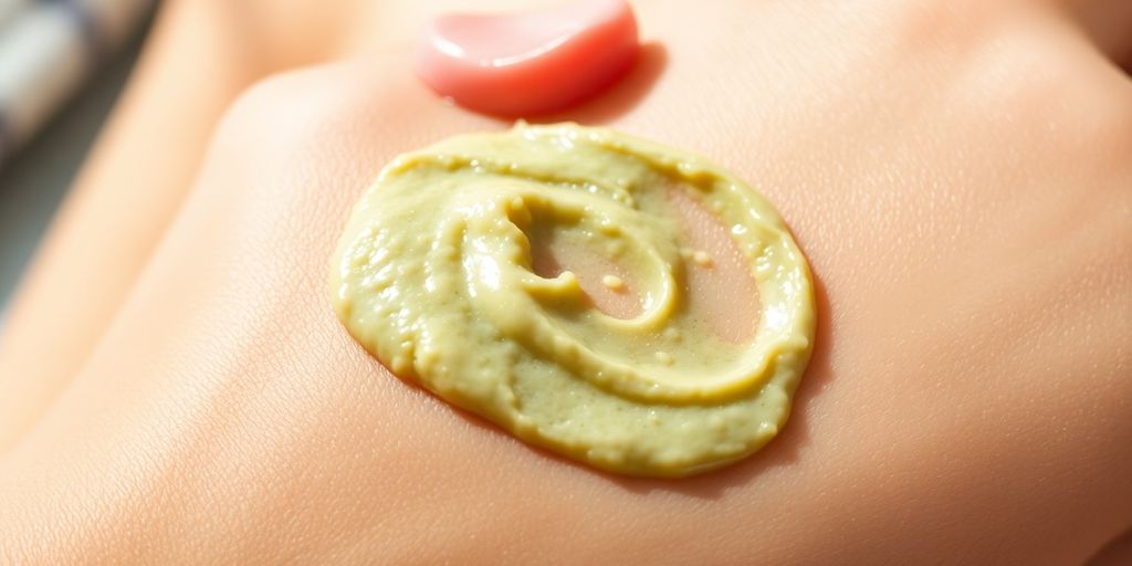 Woman applying herbal paste to skin.
