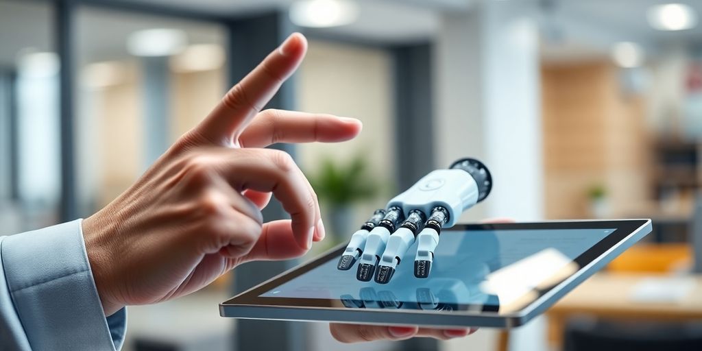 Robot hand holding a pencil, writing.