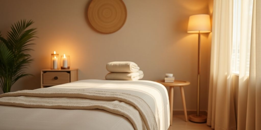 Masaj odası, huzurlu ve rahatlatıcı bir atmosfer.