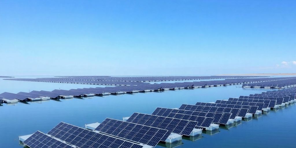 Panneaux solaires flottants sur une grande étendue d'eau calme.