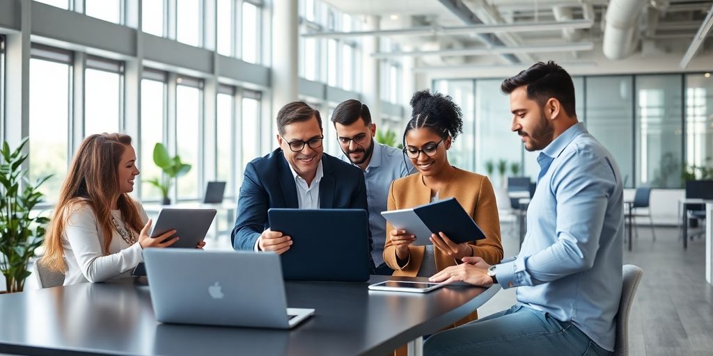 Diverse team collaborating in a modern office environment.