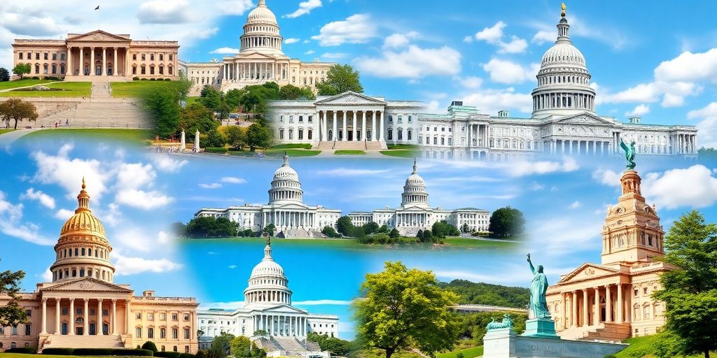 Collage of historical landmarks from U.S. capital cities.