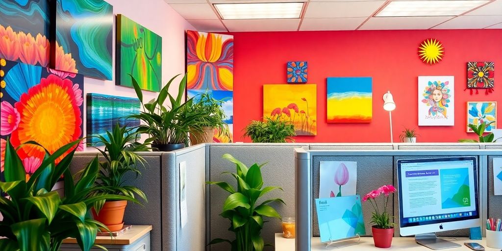 Brightly decorated cubicle with art and plants.