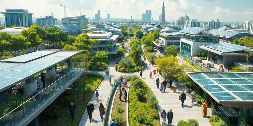 Lush green city, diverse people, sustainable future.