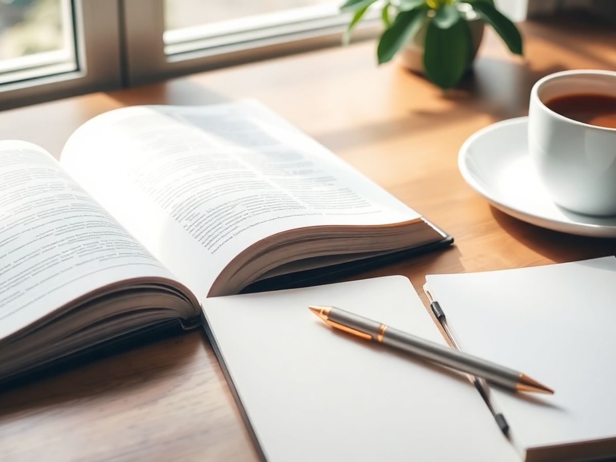 Cozy workspace with a book and coffee.