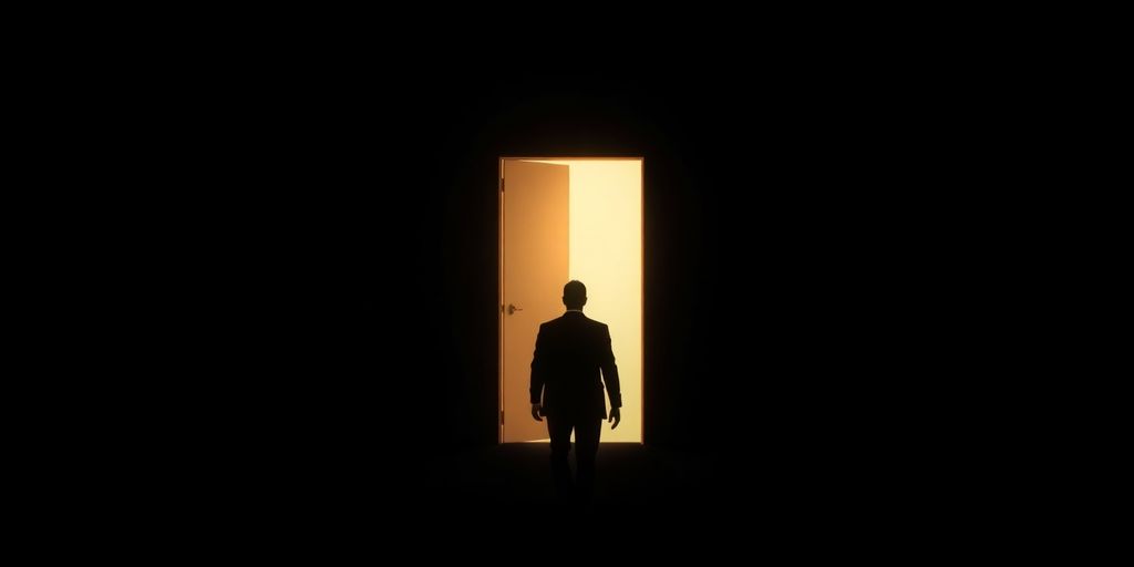 A person walking away from a bright light.