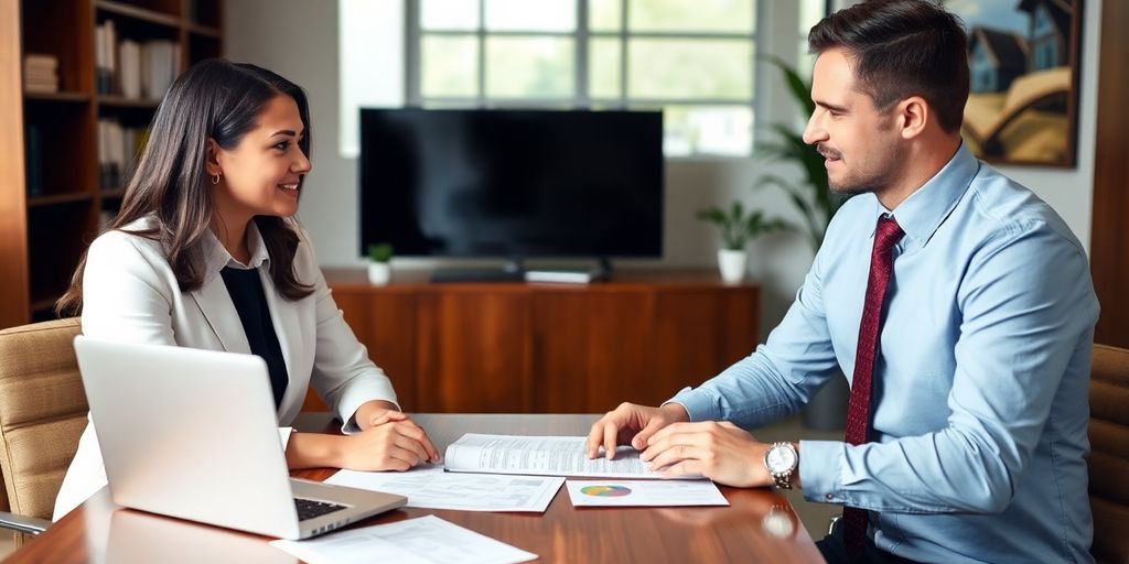 Realtor and broker collaborating in a modern office environment.