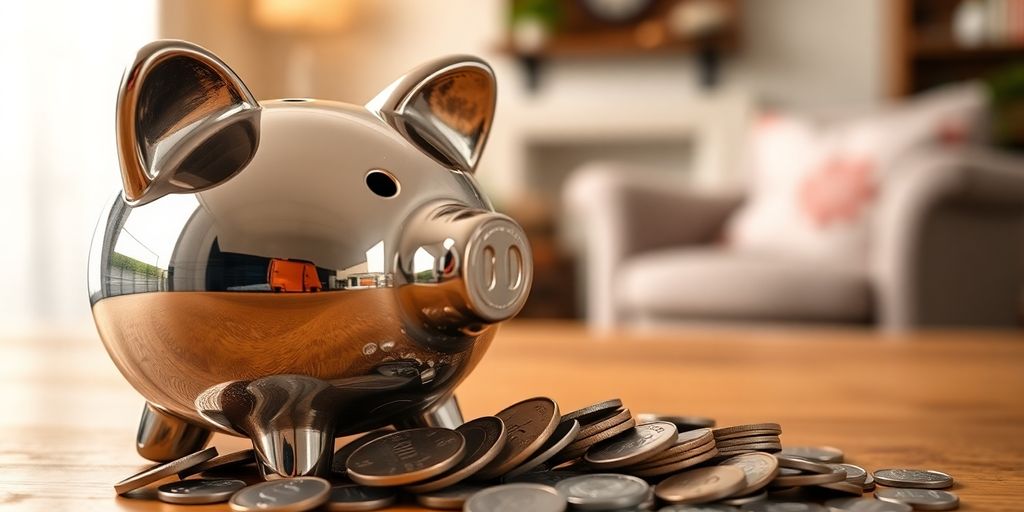 Piggy bank filled with coins on a wooden table.