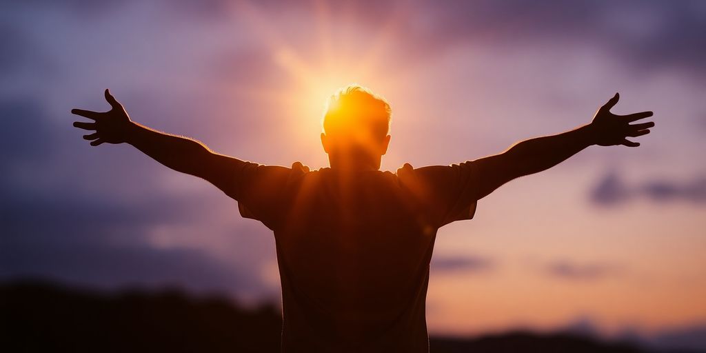 Person reaching towards bright light.