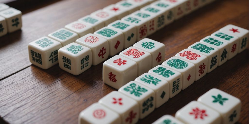 Mahjong tiles on a wooden table, close-up view.