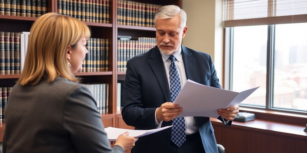 Lawyer consulting with a client in an office setting.