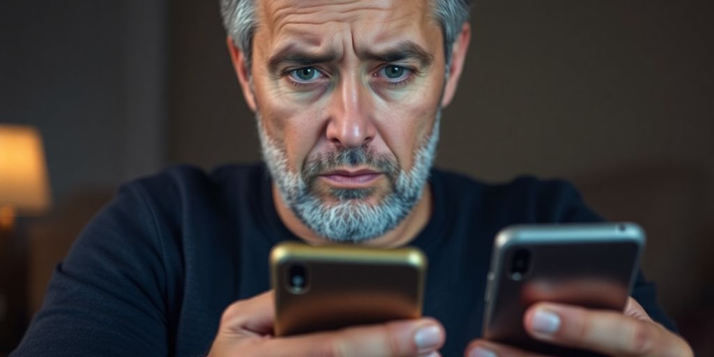 Disappointed user with smartphone expressing frustration about dating app.
