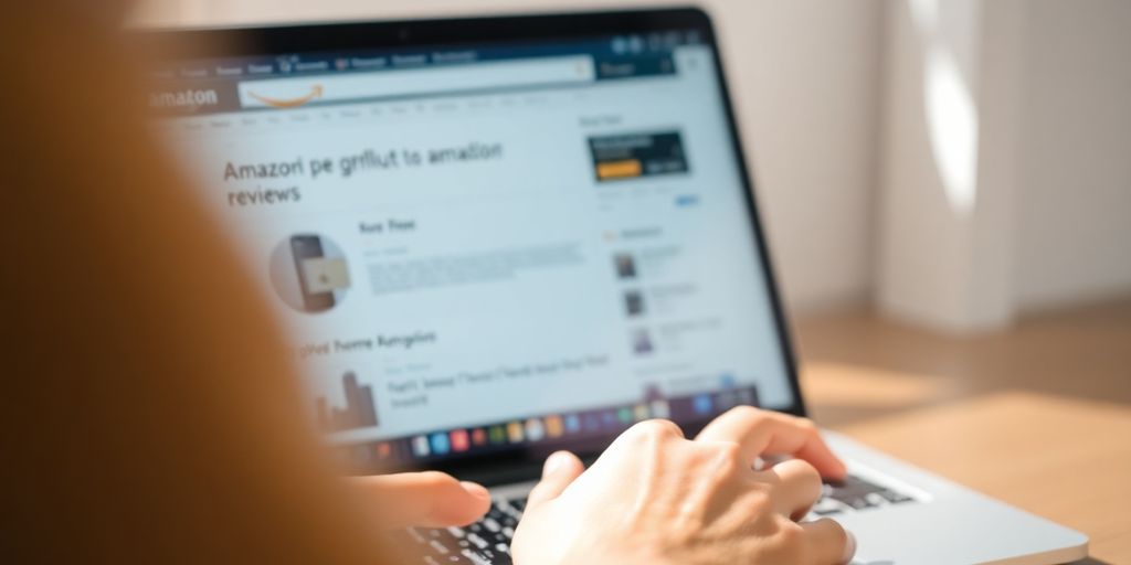 Person writing a product review on a laptop.