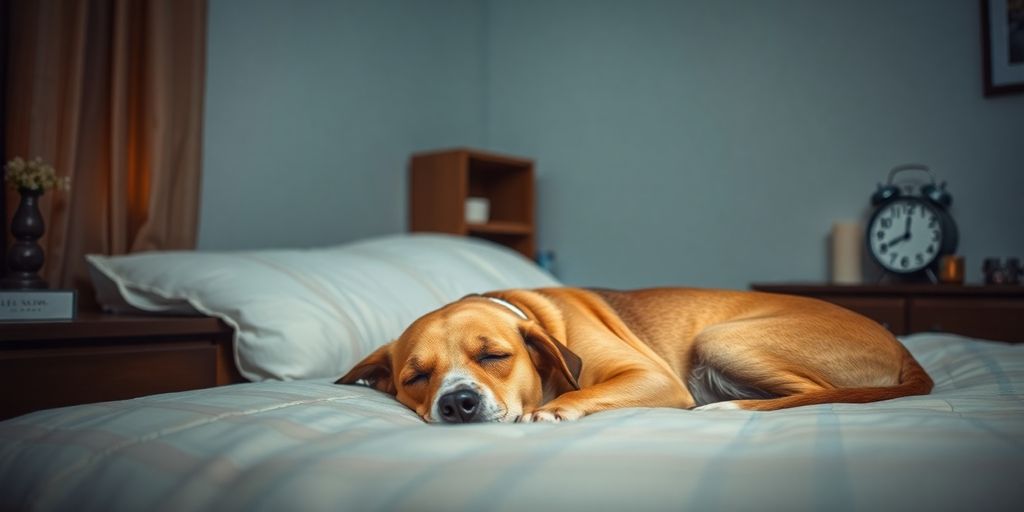 Cozy bedroom with a sleeping dog at night.