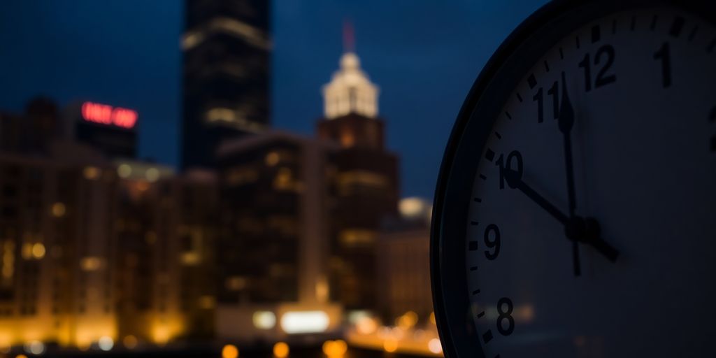 Clock with illuminated city background.