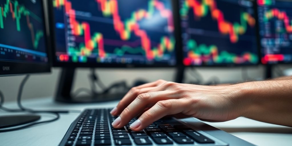 Trader watching multiple screens with market data.