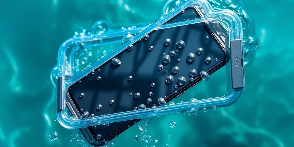 Galaxy S24 submerged in water with protective case.