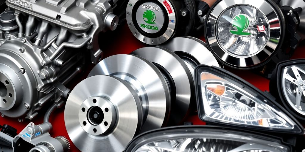 Skoda car parts including engine components and headlights.