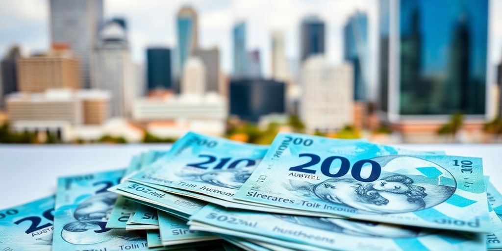 Australian dollar bills with a cityscape.